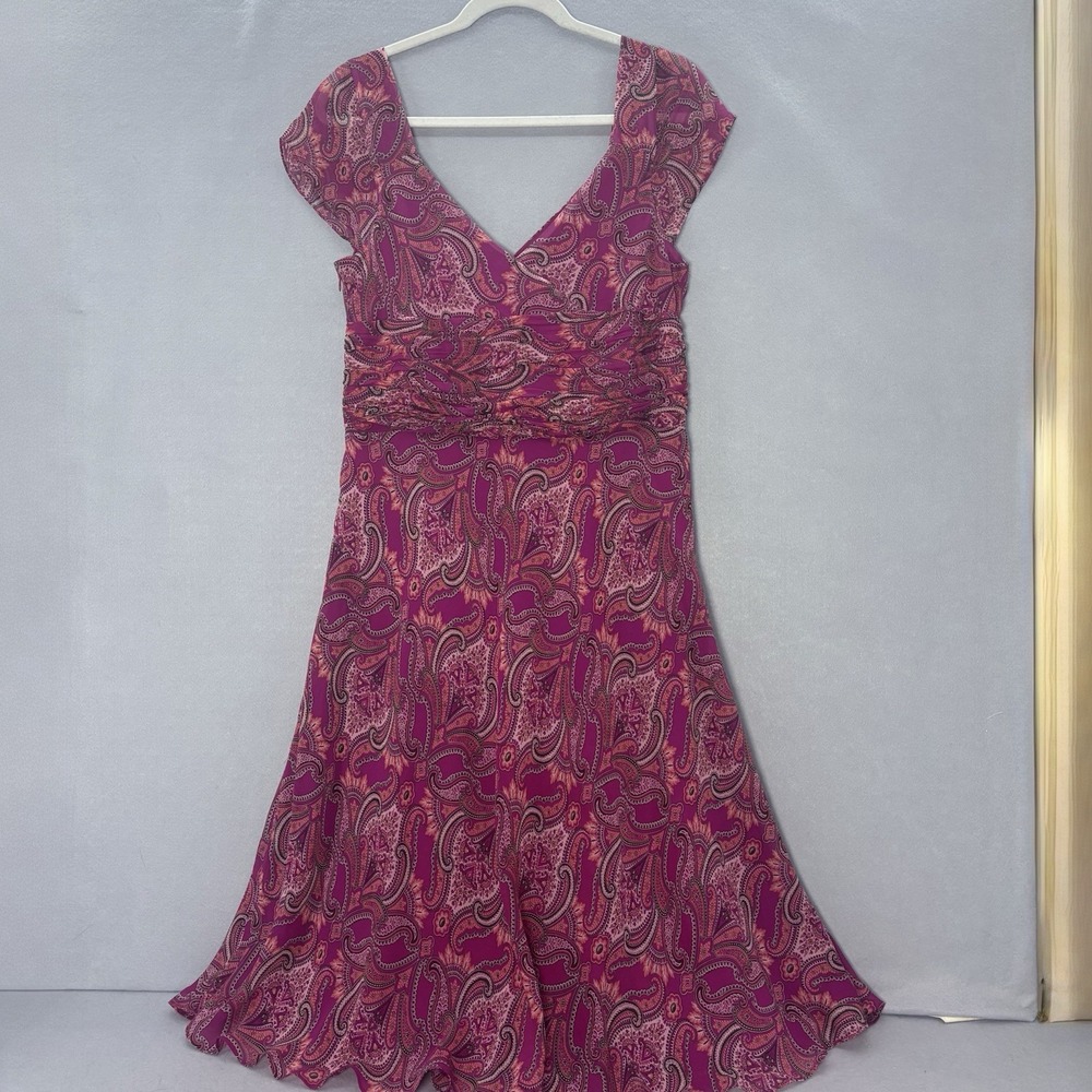 Ann Taylor Crossover V-Neck Silk Pink Paisley Midi Dress SZ‎ 14 Boho Feminine - Picture 5 of 13
